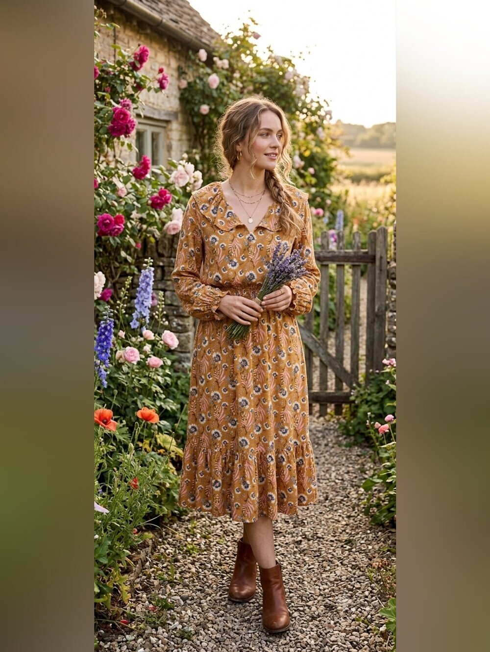 Universal Thread Mustard Floral Ruffle Long-Sleeve Midi Dress